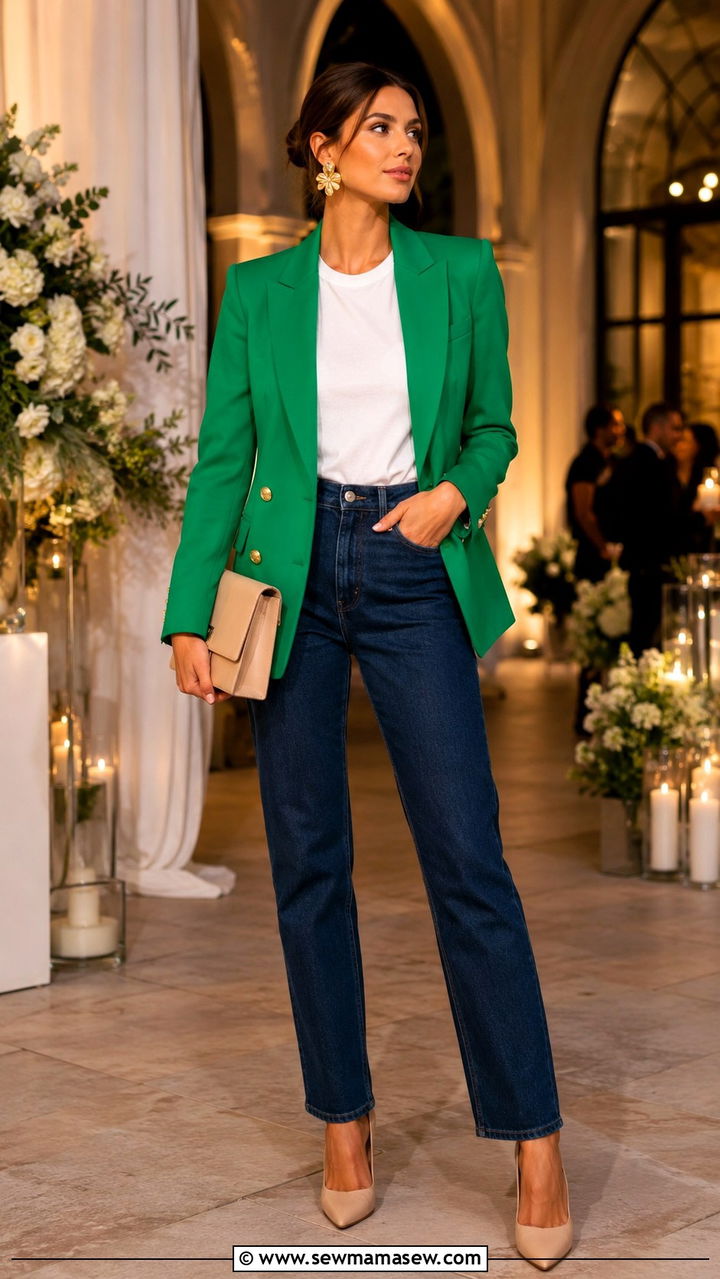 White T Shirt With Jeans Statement Blazer and Pointed Toe Pumps - 25 White t-shirt with jeans outfit ideas