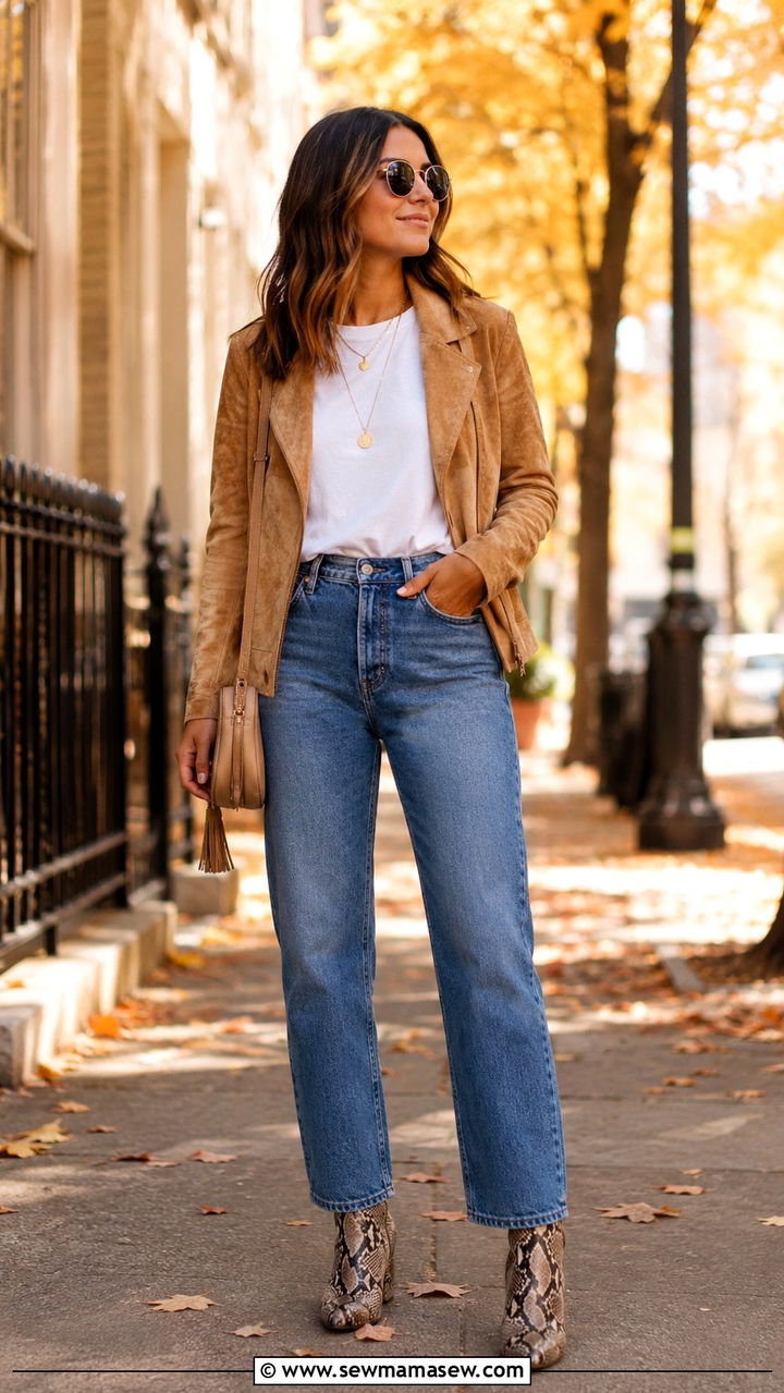 White T Shirt With Jeans Suede Jacket and Ankle Boots - 25 White t-shirt with jeans outfit ideas