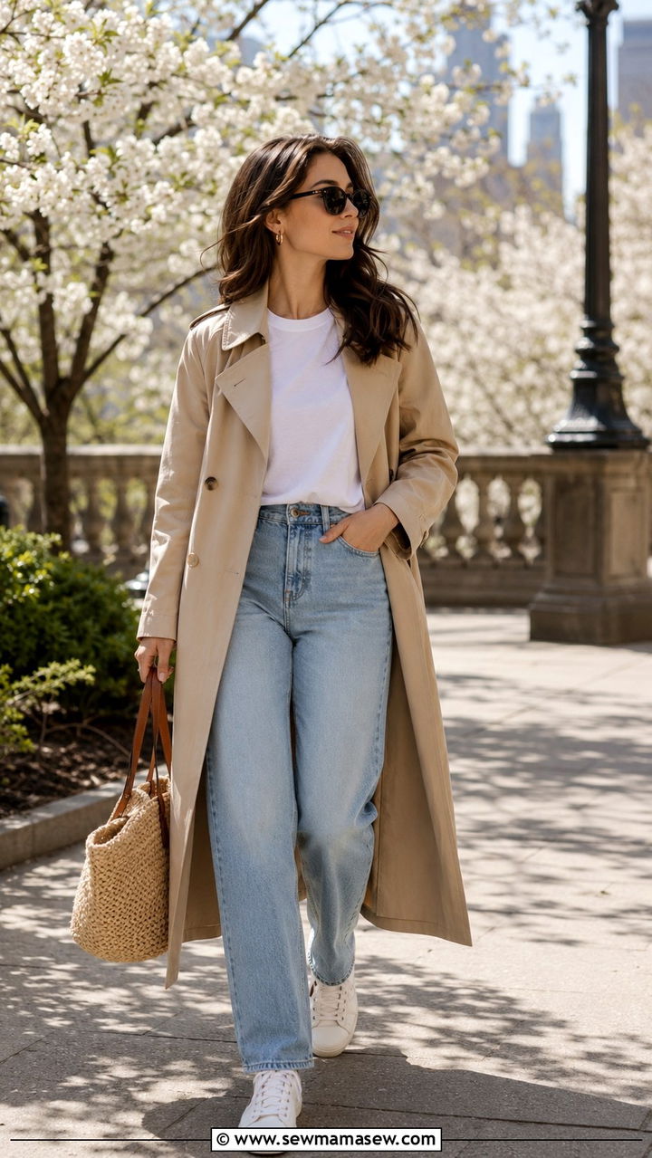 White T Shirt With Light Wash Jeans Trench Coat and Sneakers - 25 White t-shirt with jeans outfit ideas