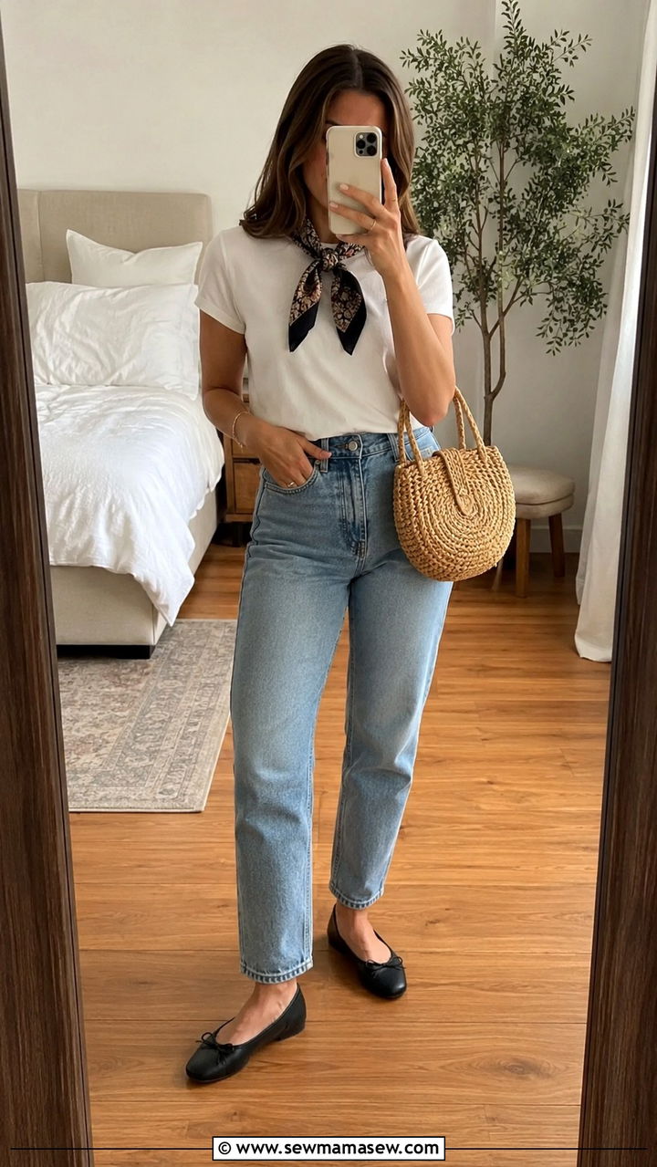 White T Shirt With Mom Jeans and Ballet Flats - 25 White t-shirt with jeans outfit ideas