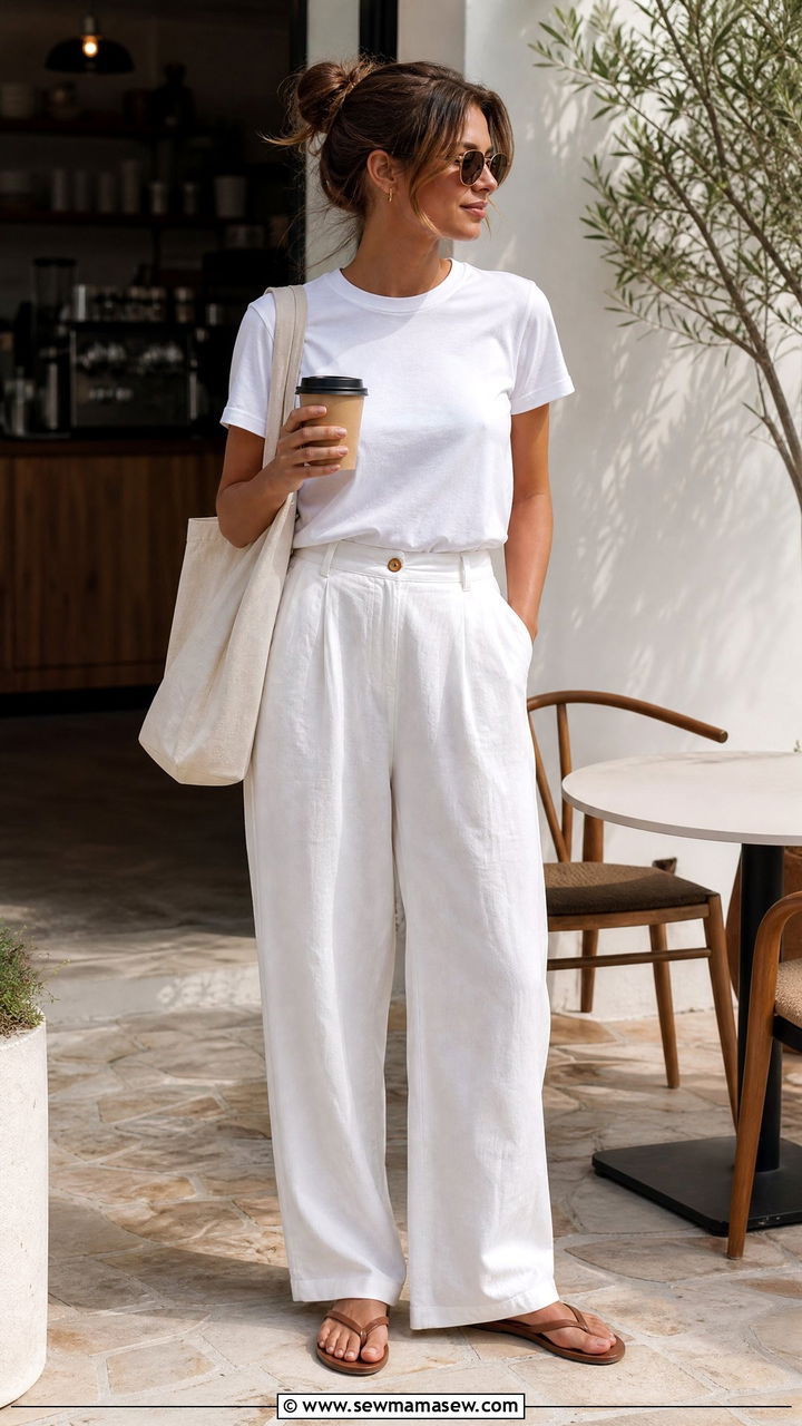 White T Shirt With Relaxed Linen Trousers - 30 Summer outfits in white