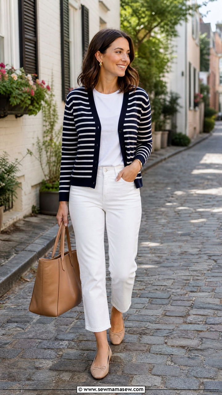 White T Shirt With Striped Cardigan - 30 How to style a white t-shirt in spring
