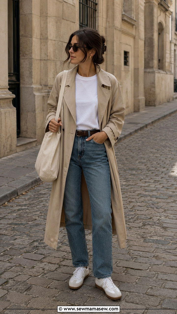 White T Shirt With Trench Coat And Straight Leg Jeans - 30 How to style a white t-shirt in spring