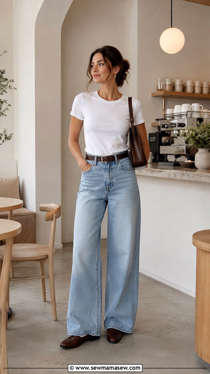 White T Shirt With Wide Leg Jeans and Loafers - 25 White t-shirt with jeans outfit ideas