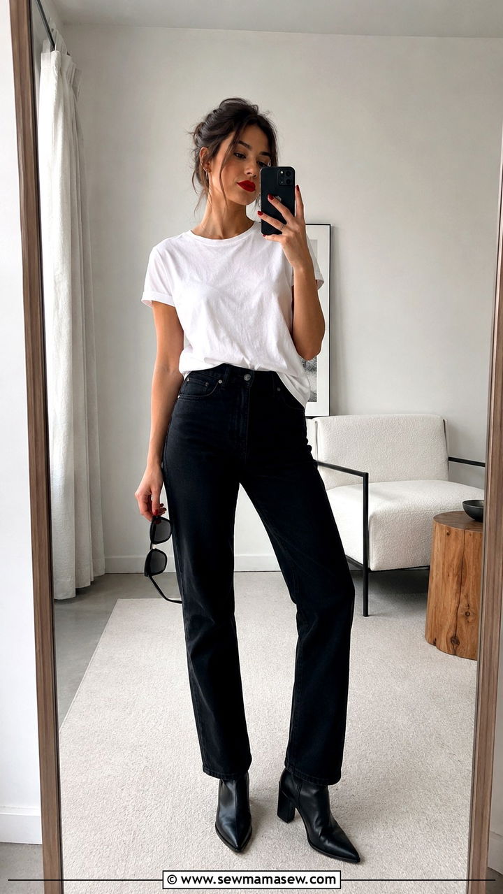 White T Shirt and Black Jeans with Red Lip Outfit - 20 French girl outfit ideas Charlotte Gainsbourg