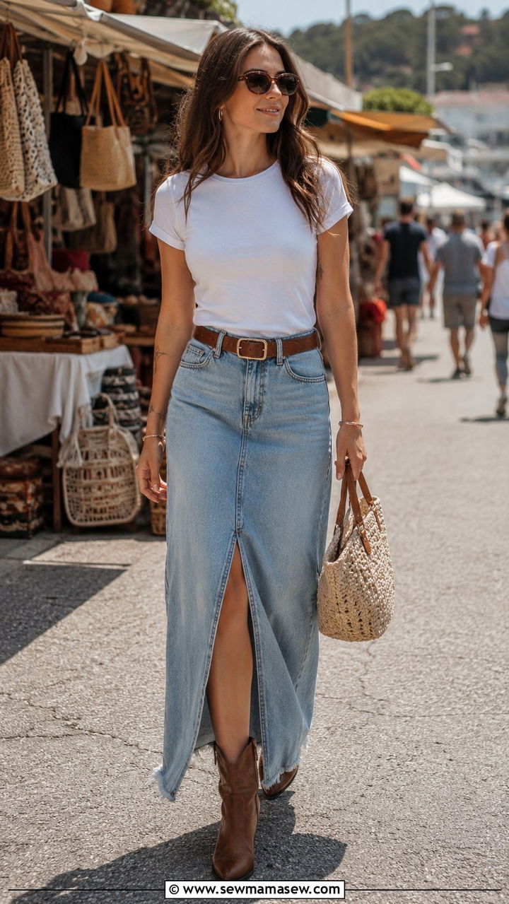 White T Shirt and Denim Maxi Skirt Look - 25 White t-shirt outfit ideas 2026