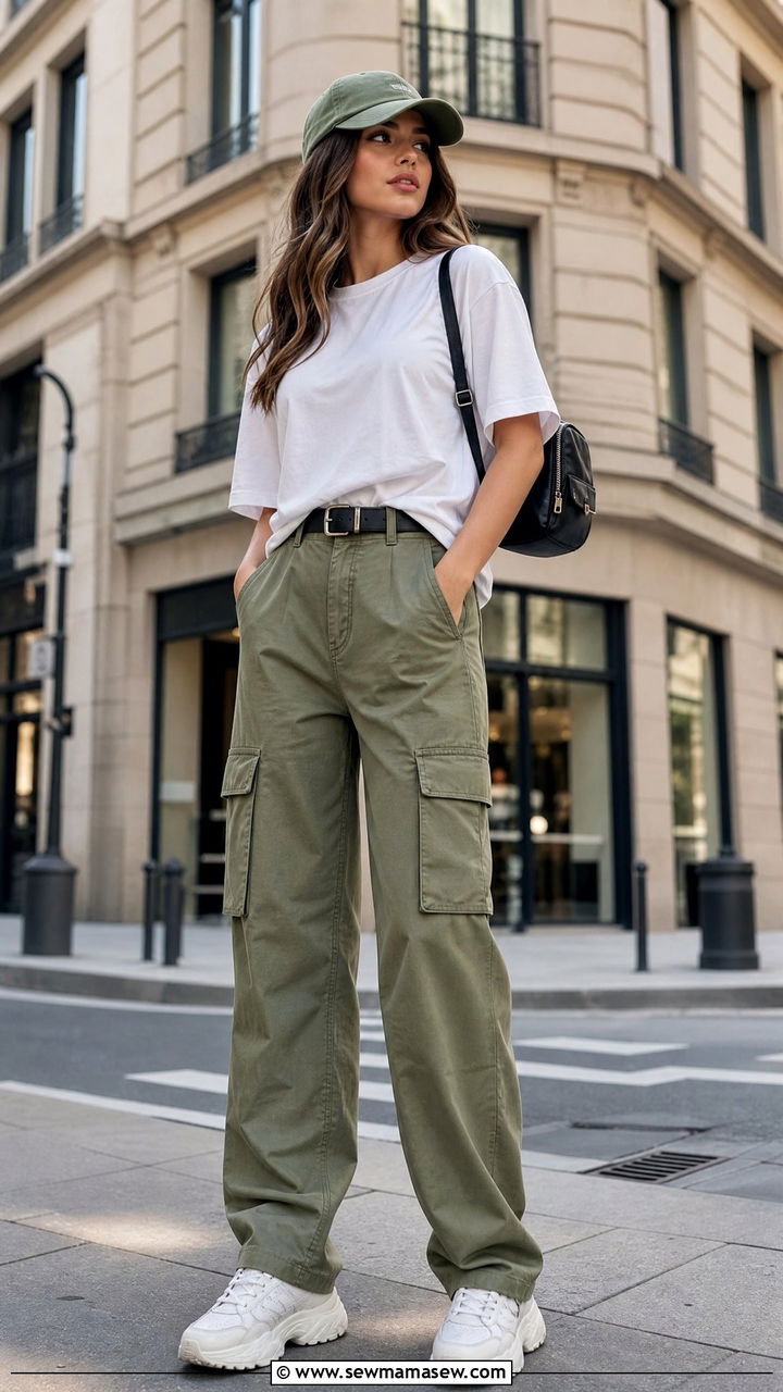 White TShirt with Cargo Pants and Chunky Sneakers - 35 How to style a white t-shirt