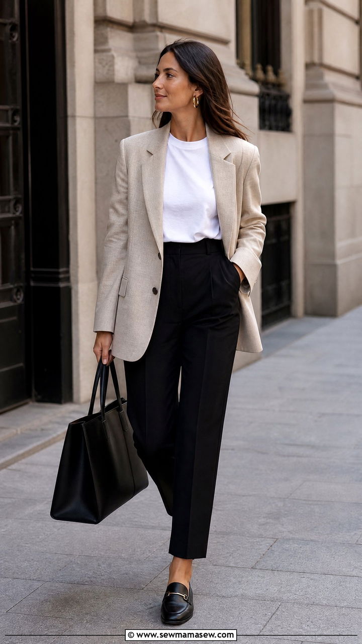 White TShirt with a Blazer and Tailored Trousers - 35 How to style a white t-shirt