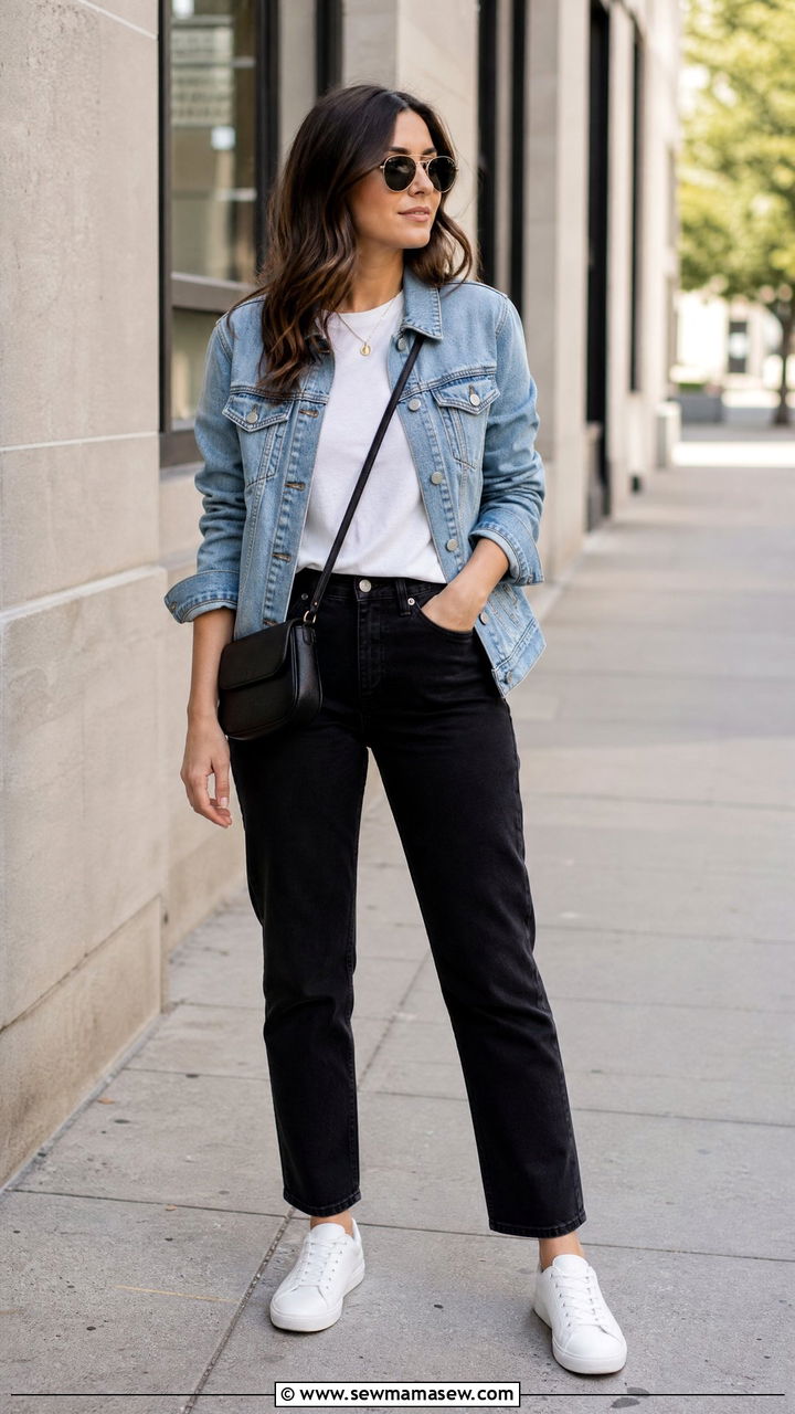 White TShirt with a Denim Jacket and Black Jeans - 35 How to style a white t-shirt