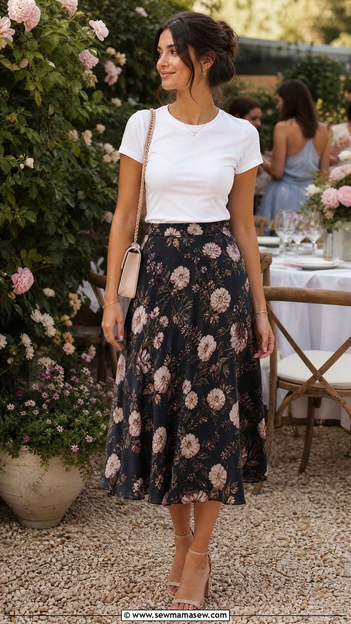 White TShirt with a Floral Midi Skirt and Heeled Sandals - 35 How to style a white t-shirt