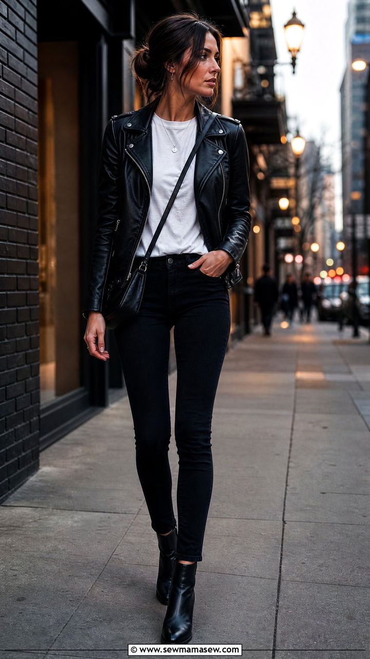 White TShirt with a Leather Jacket and Black Skinny Jeans - 35 How to style a white t-shirt