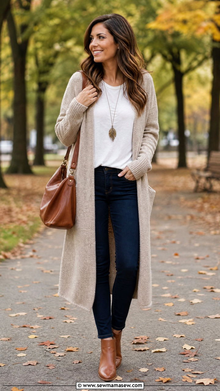 White TShirt with a Long Cardigan and Skinny Jeans - 35 How to style a white t-shirt