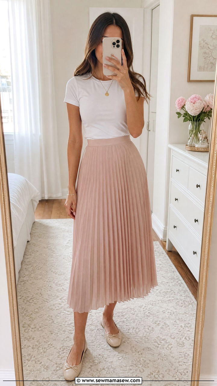 White TShirt with a Pleated Midi Skirt and Ballet Flats - 35 How to style a white t-shirt