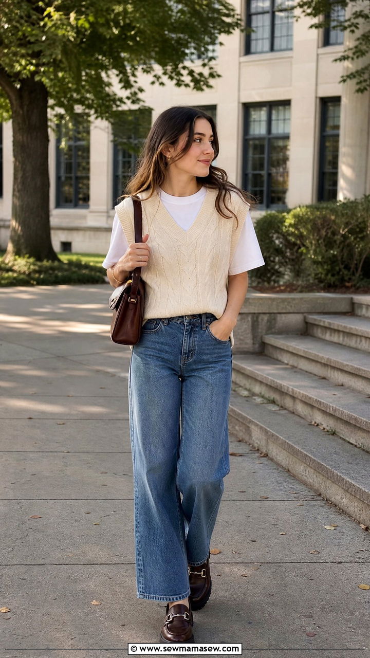 White TShirt with a Sweater Vest and WideLeg Jeans - 35 How to style a white t-shirt