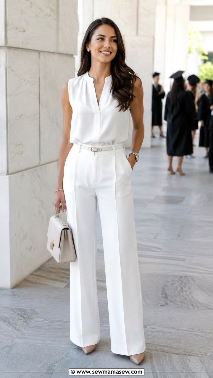 White Tailored Trousers And Blouse Combination - 25 White graduation dress ideas