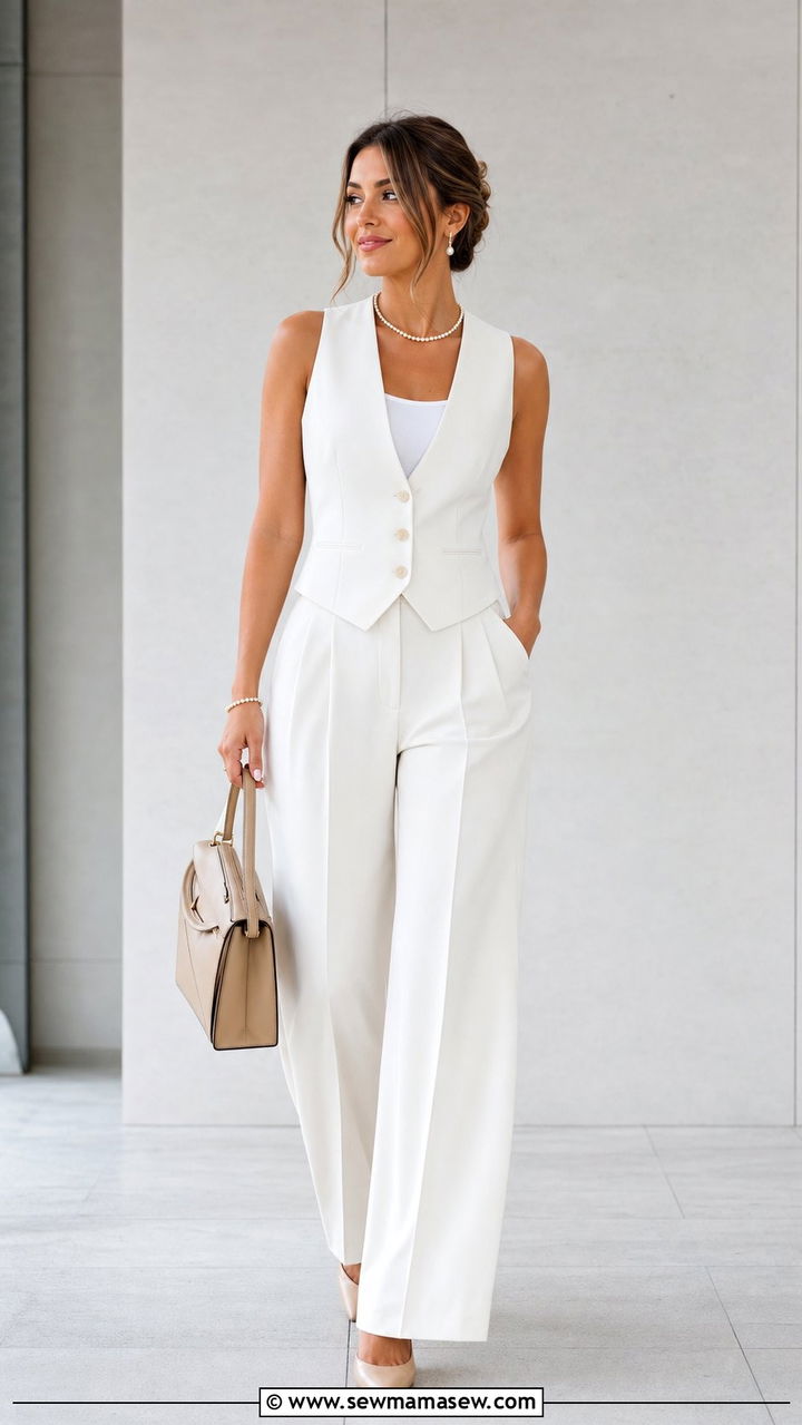 White Tailored Waistcoat With Matching Wide Leg Trousers Look - 25 Clean girl work outfit ideas