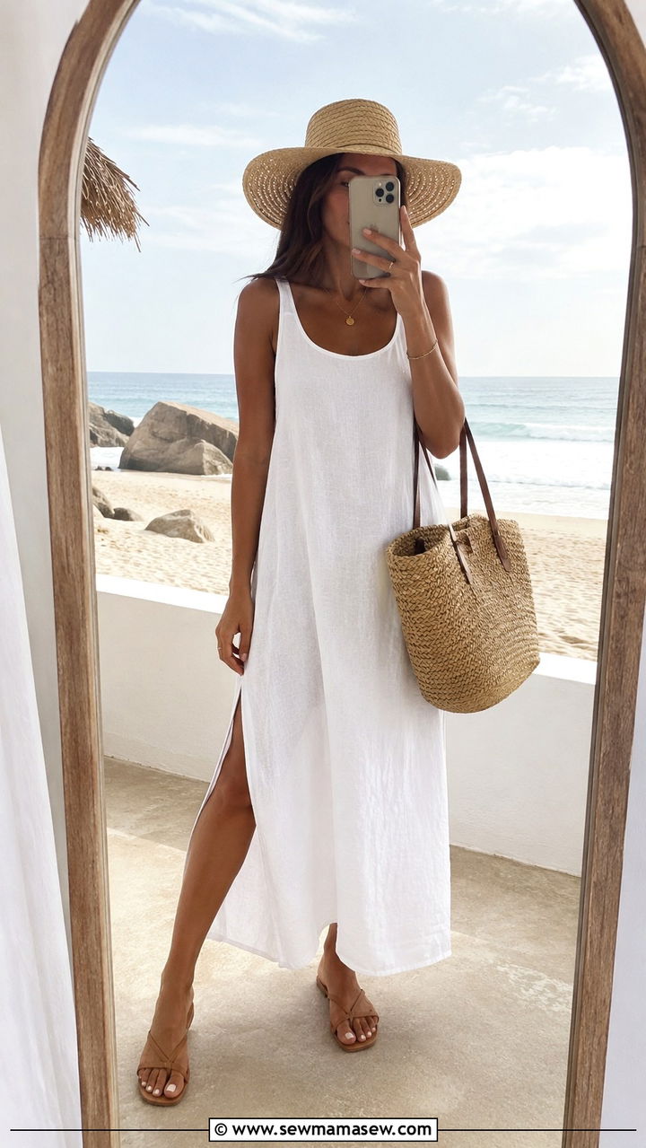 White Tank Dress With Straw Hat And Sandals - 30 tank dress outfits for women