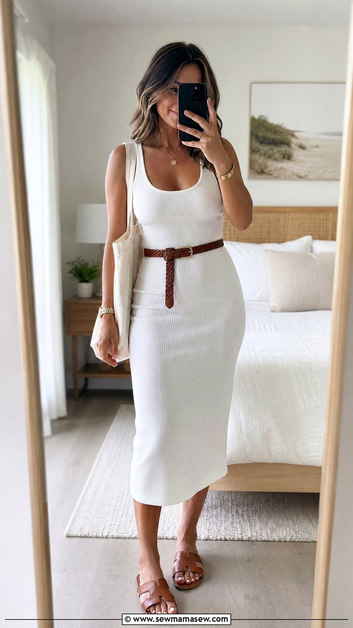 White Tank Dress and Flat Leather Sandals - 35 Minimalist summer outfits