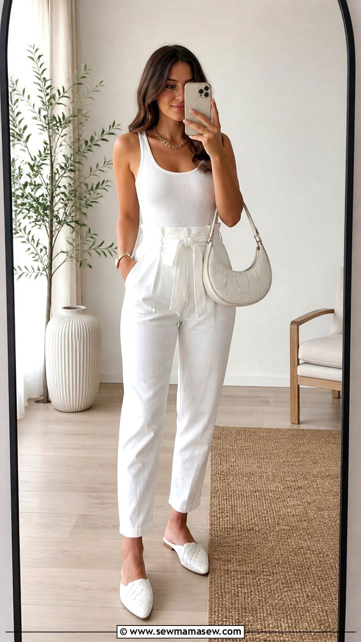 White Tank Top And Paperbag Waist Pants - 40 All white outfit ideas