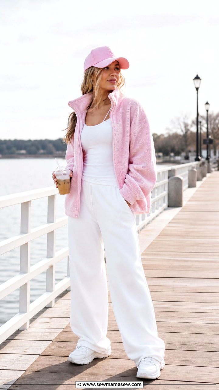 White Tank Top Pink Fleece Jacket and White Wide Leg Pants Lake Outfit - 30 Summer lake outfits