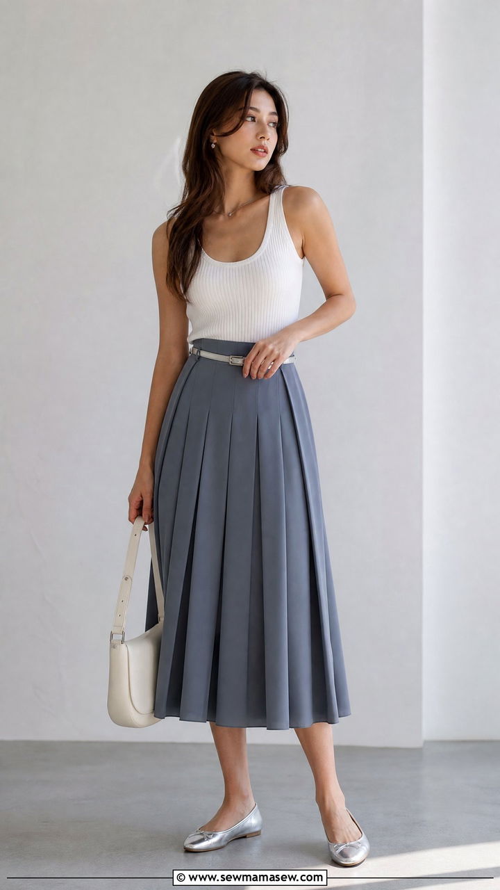 White Tank Top Slate Pleated Midi Skirt And Silver Belt - 30 Cool tone outfit ideas