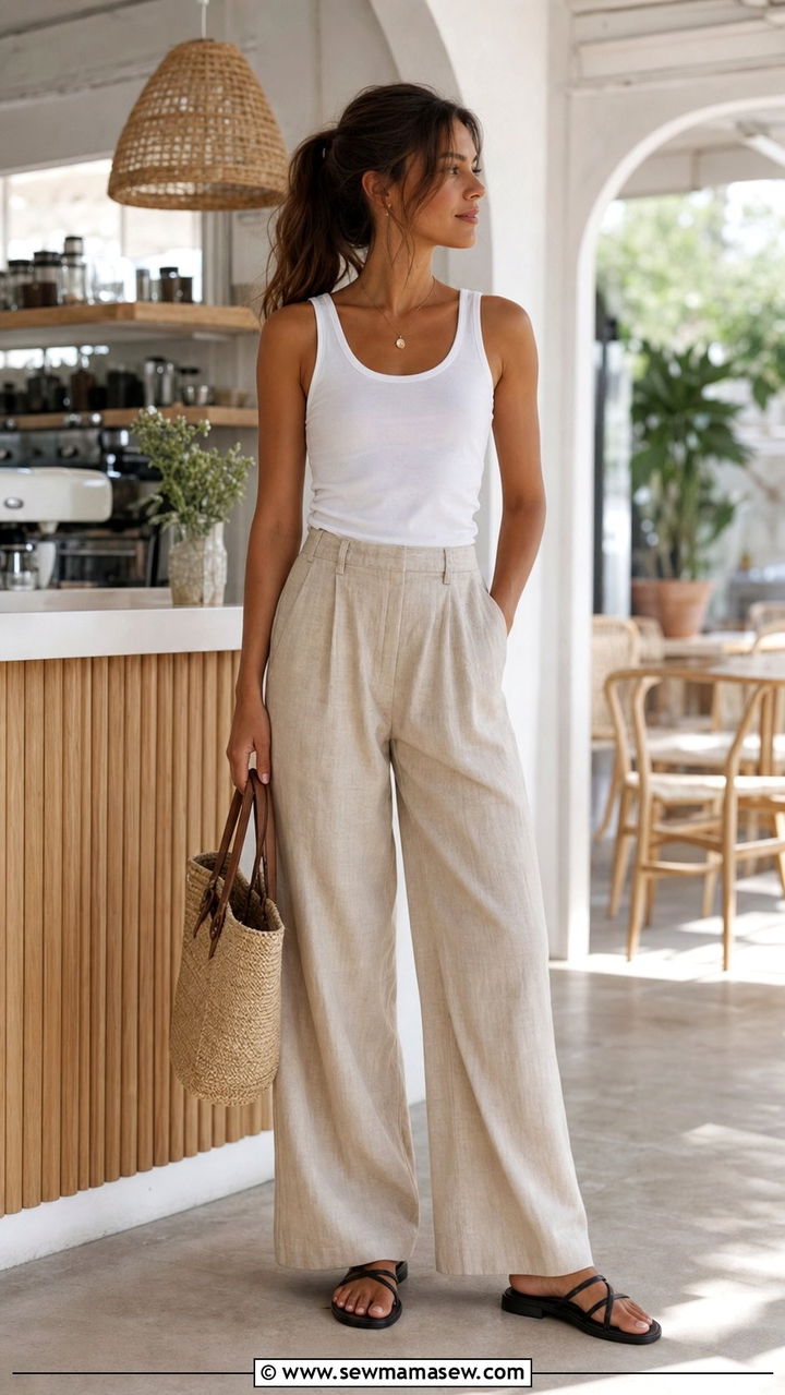 White Tank Top With Beige Linen Pants Outfit - 25 Summer 10 piece capsule wardrobe
