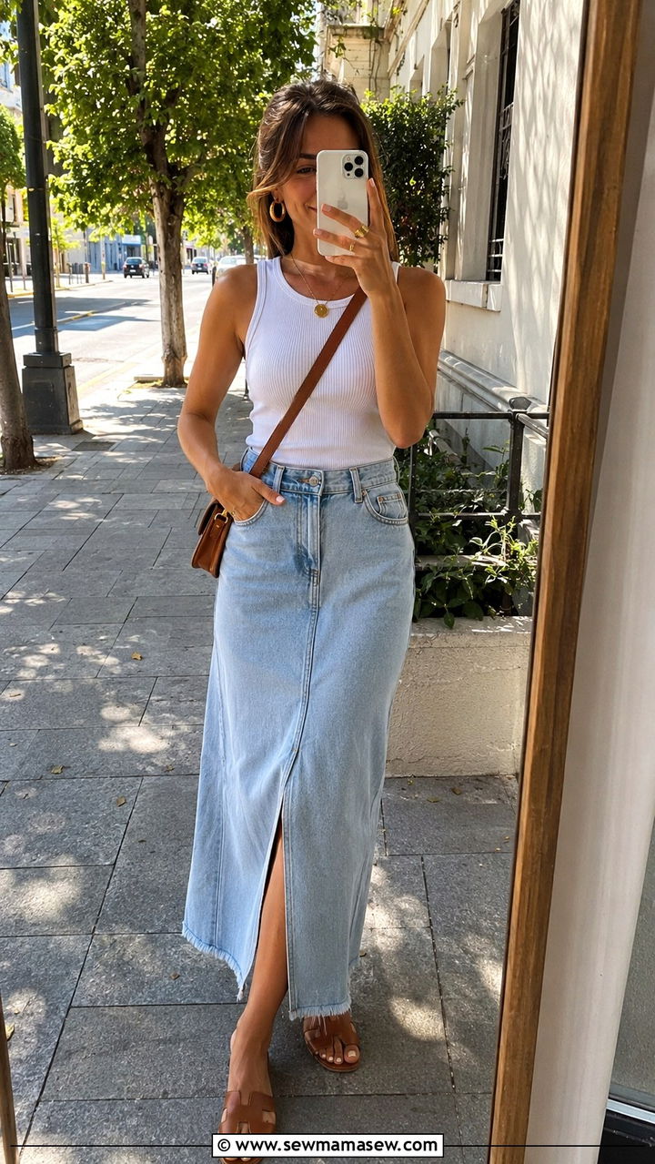 White Tank Top With Long Denim Skirt And Flat Sandals - 30 Long denim skirt outfit ideas summer