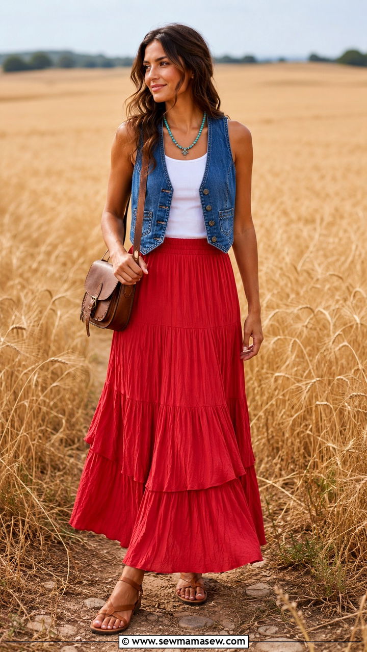 White Tank Top With Red Maxi Skirt And Denim Waistcoat - 30 July 4th weekend outfit ideas