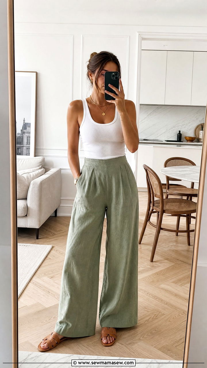 White Tank Top With Wide Leg Linen Pants - 30 summer european outfit ideas