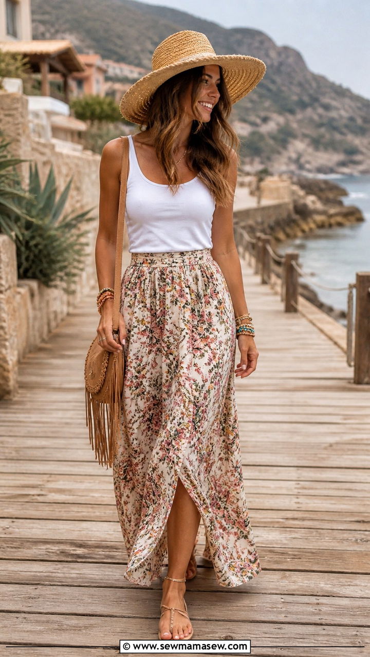 White Tank Top and Floral Maxi Skirt - 40 Spring travel outfits