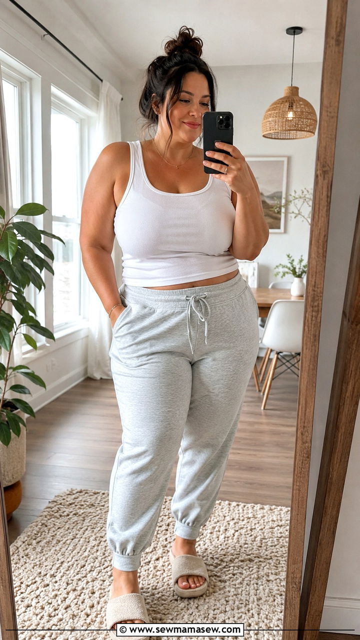 White Tank Top and Gray Sweatpants - 30 Plus size mom outfit ideas summer