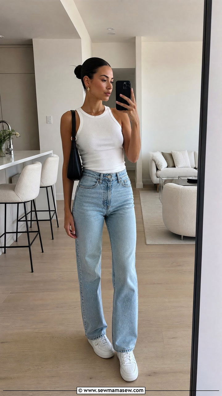 White Tank Top and High Waisted Light Wash Jeans Outfit - 25 classy clean girl outfit ideas