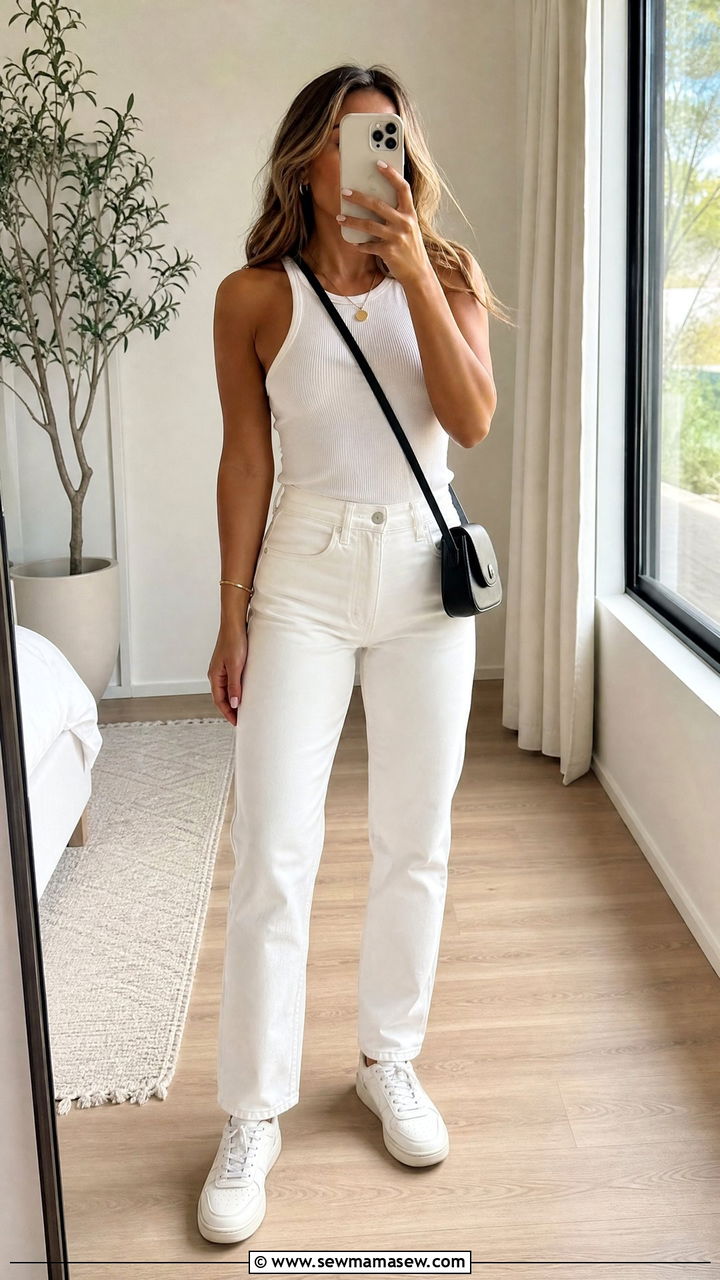 White Tank Top and White Jeans Outfit - 30 Summer white outfit ideas