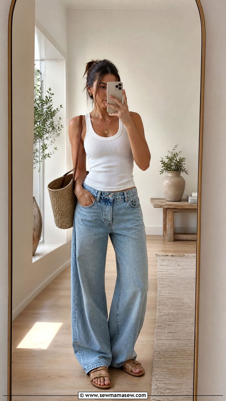 White Tank Top with Baggy Jeans Outfit - 30 coffee run outfit ideas