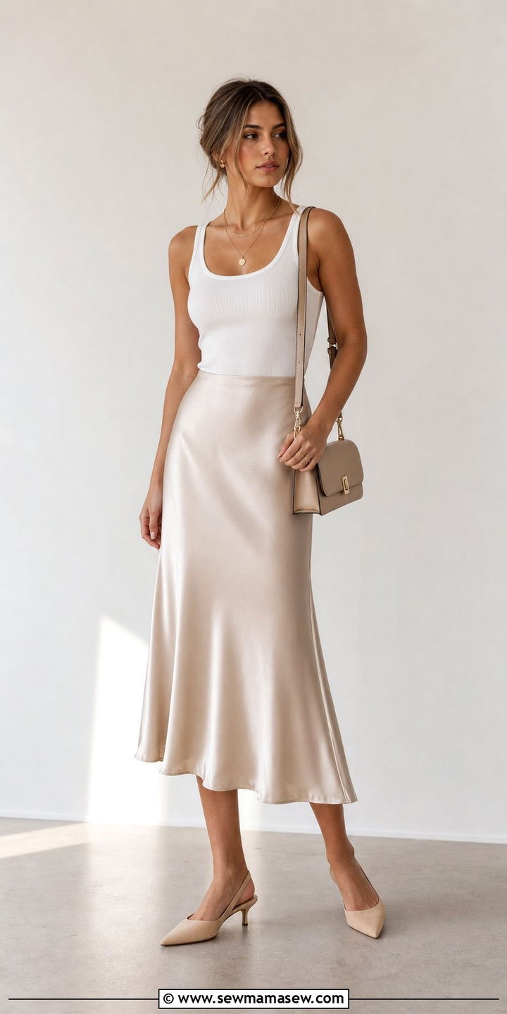 White Tank Top with Satin Midi Skirt and Kitten Heels - 25 Clean girl outfit ideas for work
