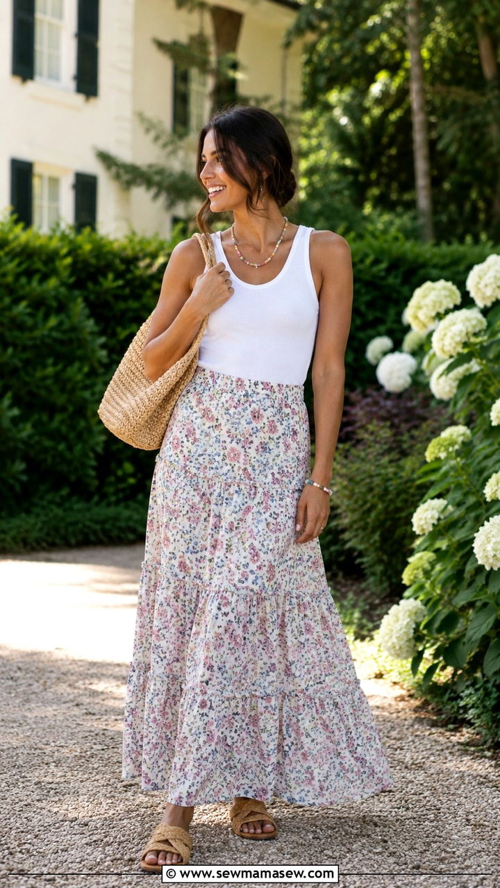 White Tank Top with Tiered Maxi Skirt - 30 transitional skirt outfit ideas