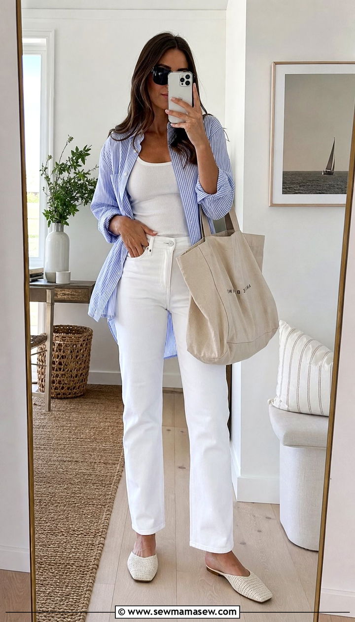 White Tank White Jeans and Blue Striped Button Down - 25 Summer coastal grandmother outfits 2026