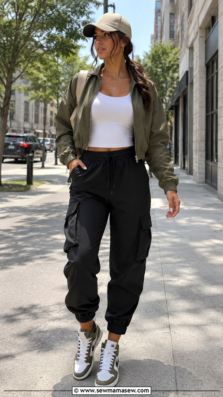 White Tank With Black Cargo Joggers and a Cropped Jacket - 30 Spring outfits with tank top