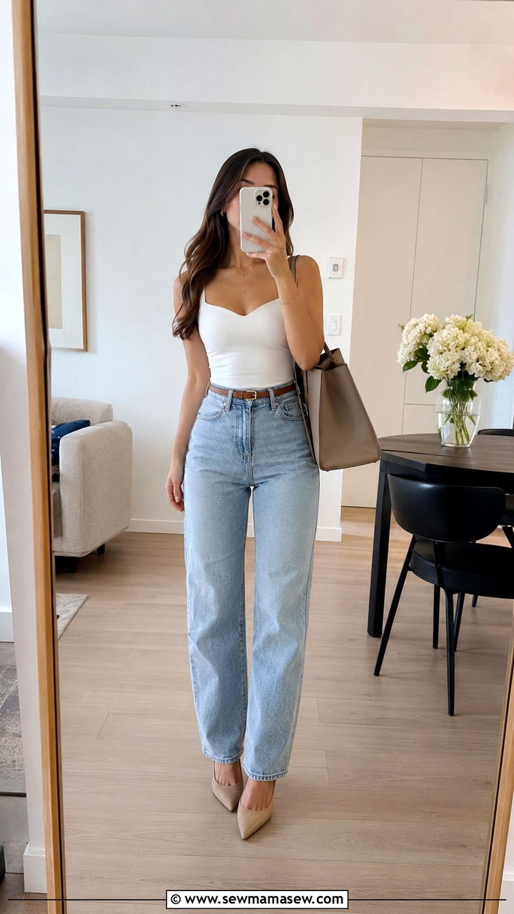 White Tank With Light Wash High Rise Straight Jeans - 25 Petite clean girl outfit ideas