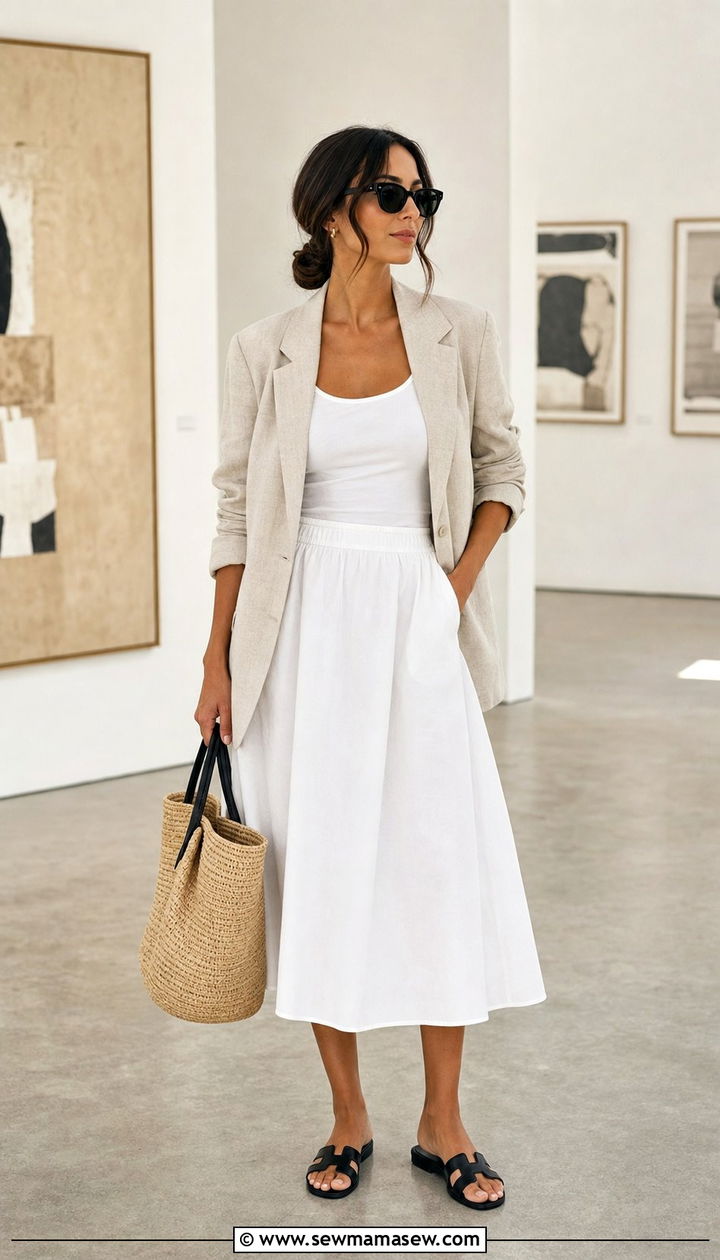 White Tank With Midi Skirt And Linen Blazer Outfit - 25 Summer 10 piece capsule wardrobe