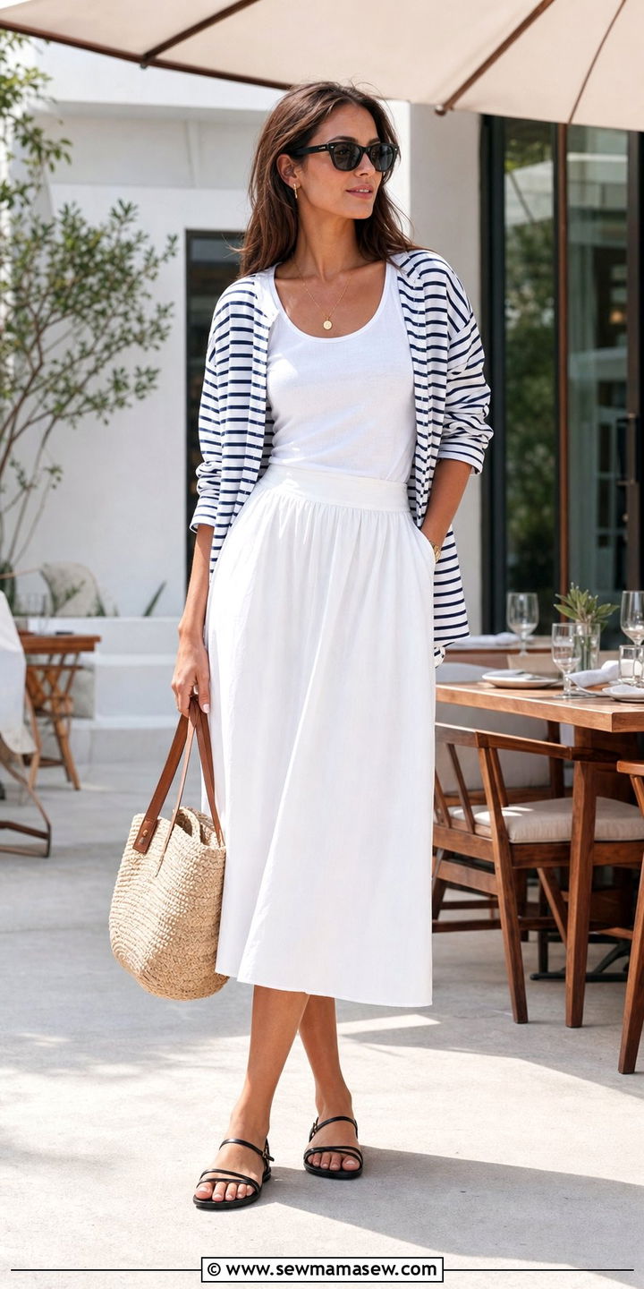 White Tank With Striped Tee As A Layer Over A Skirt - 25 Summer 10 piece capsule wardrobe