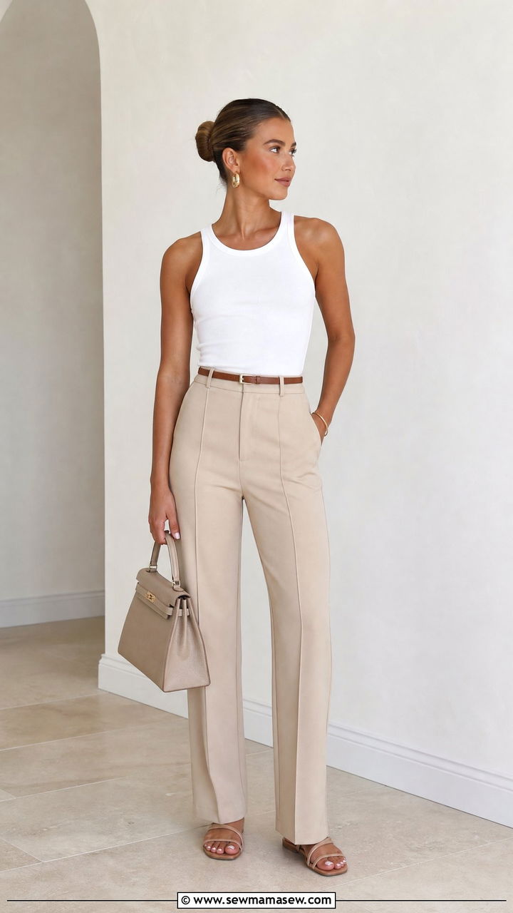 White Tank and Beige Trousers - 30 clean girl outfits inspo