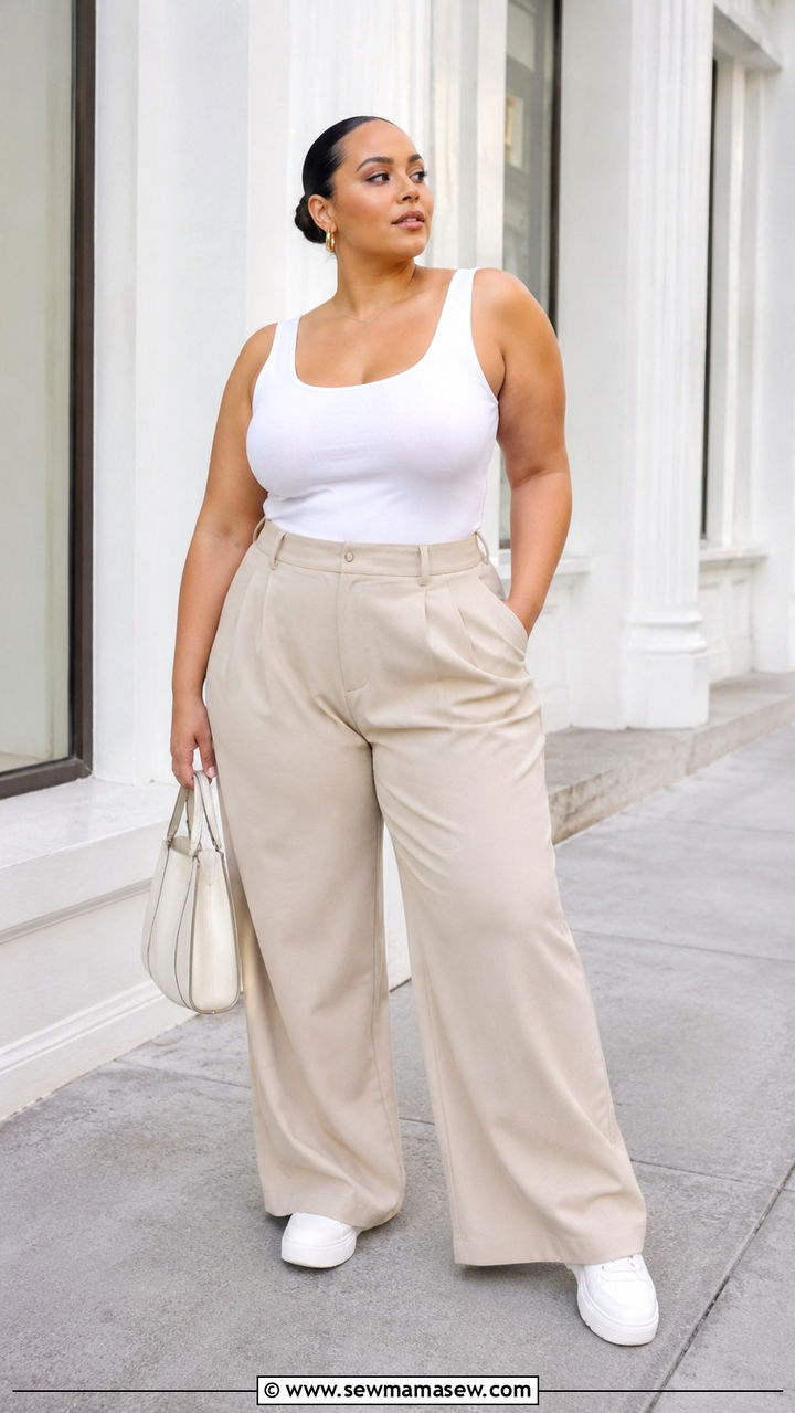 White Tank and Beige Wide Leg Trousers With Chunky Sneakers - 25 Plus size outfit ideas clean girl