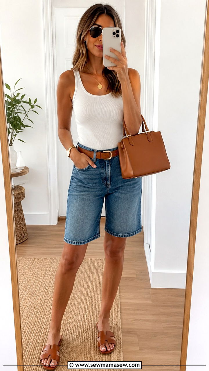 White Tank and Denim Bermuda Shorts - 30 Minimalist outfit ideas summer 2026
