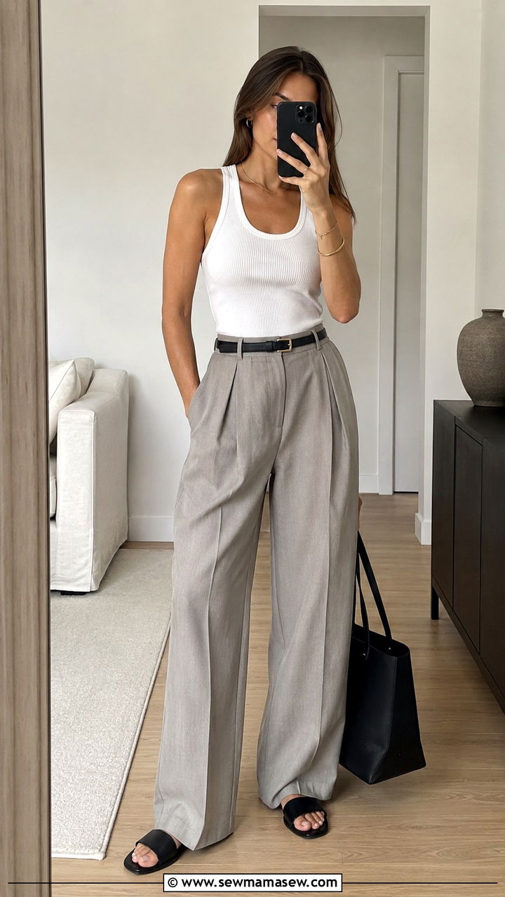 White Tank and Pleated High Waist Trousers - 30 old money outfits to copy