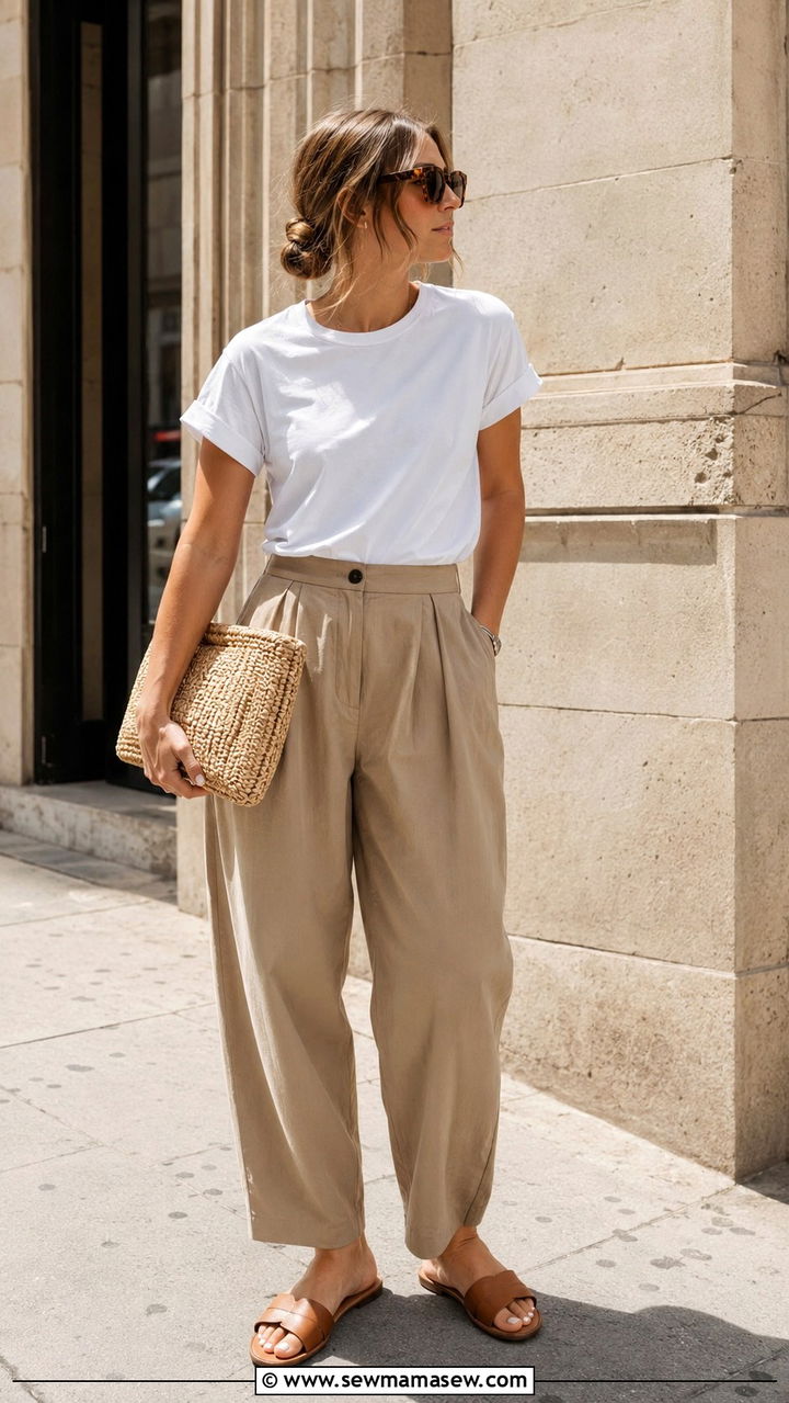 White Tee And Beige Barrel Leg Trousers - 30 Scandi minimalist outfit ideas