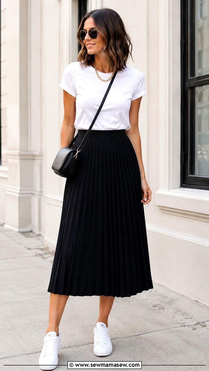 White Tee And Black Pleated Midi Skirt Outfit - 30 Pleated skirt outfit ideas with a tee