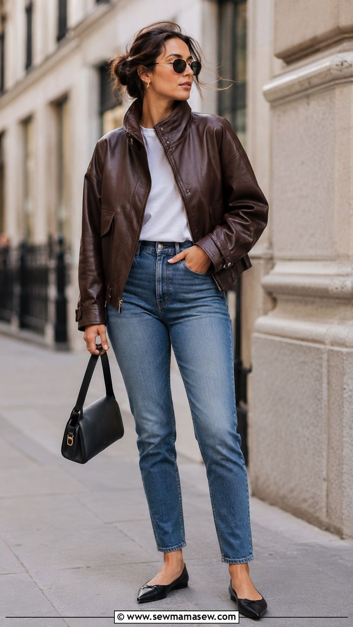 White Tee And Jeans With A Funnel Neck Leather Jacket - 20 Simple spring outfit ideas 2026