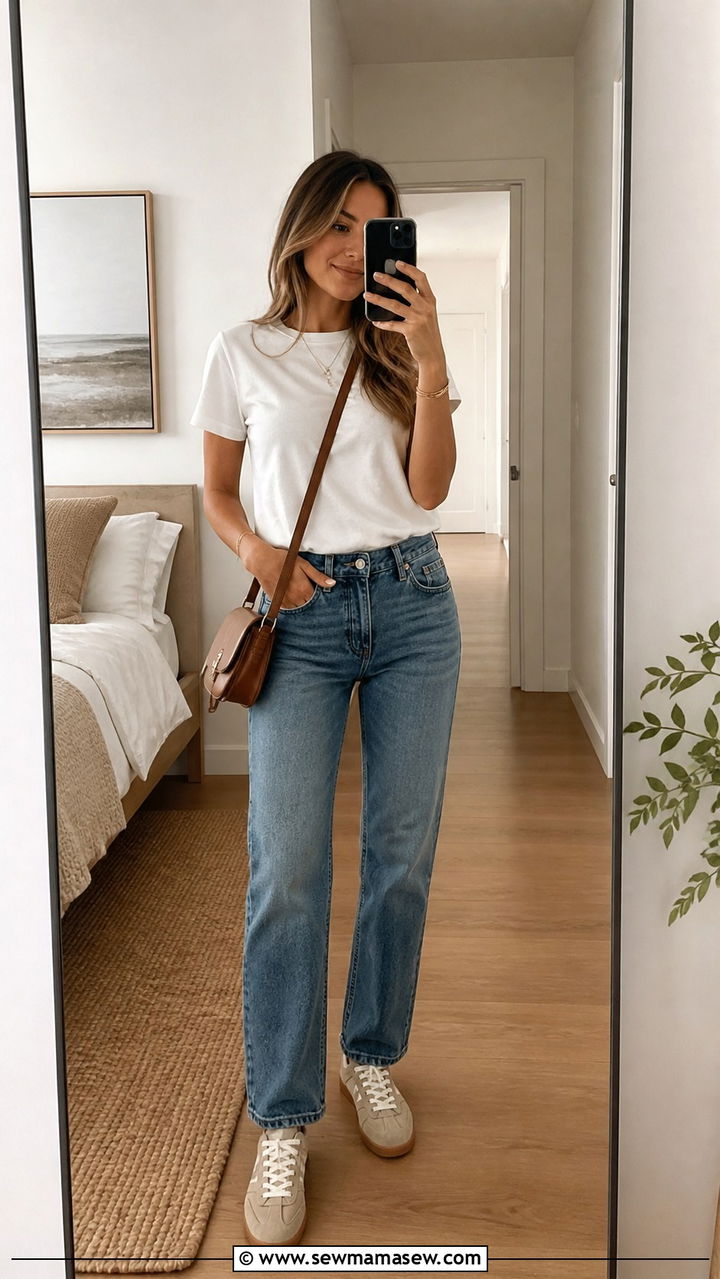 White Tee And Medium Wash Jeans With Suede Sneakers - 40 casual travel outfits