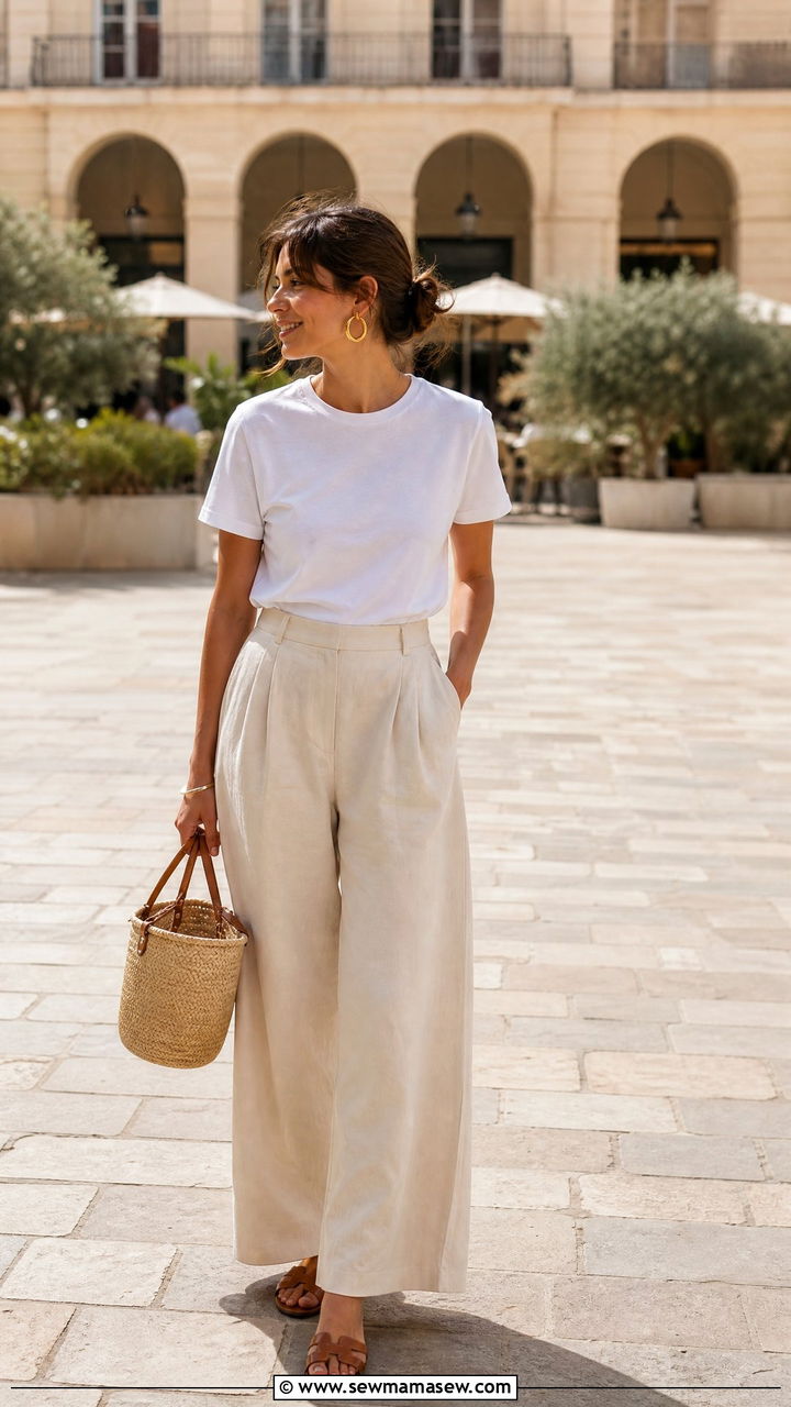 White Tee And Wide Leg Trousers With Gold Hoops - 25 French girl outfit ideas with gold hoops